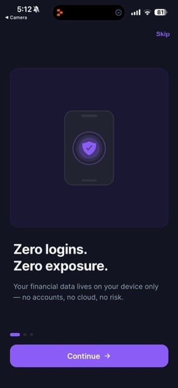 WealthForecaster security feature showing zero login requirement and on-device data storage